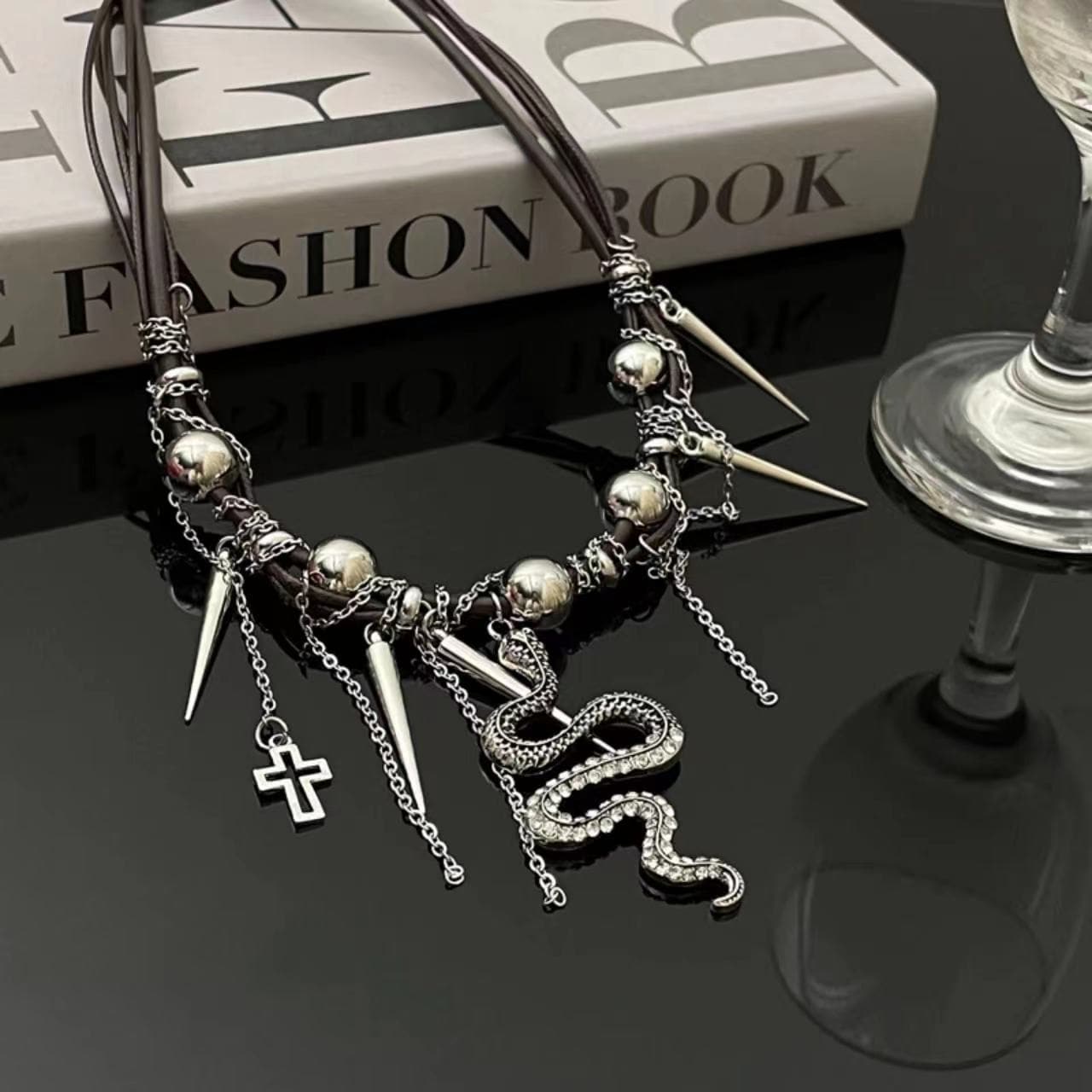 Snake PU leather beaded cross metal chain necklace
