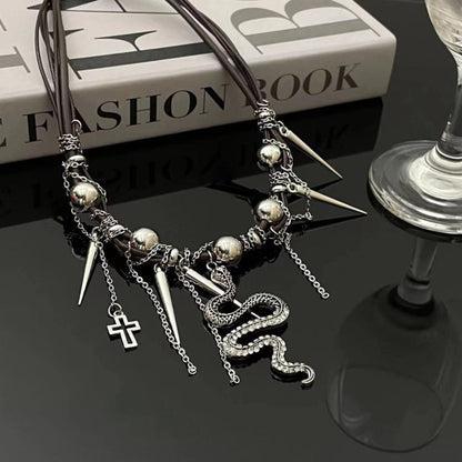 Snake PU leather beaded cross metal chain necklace