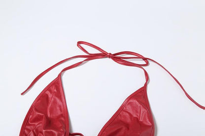 Halter buckle deep PU leather v neck backless mini dress