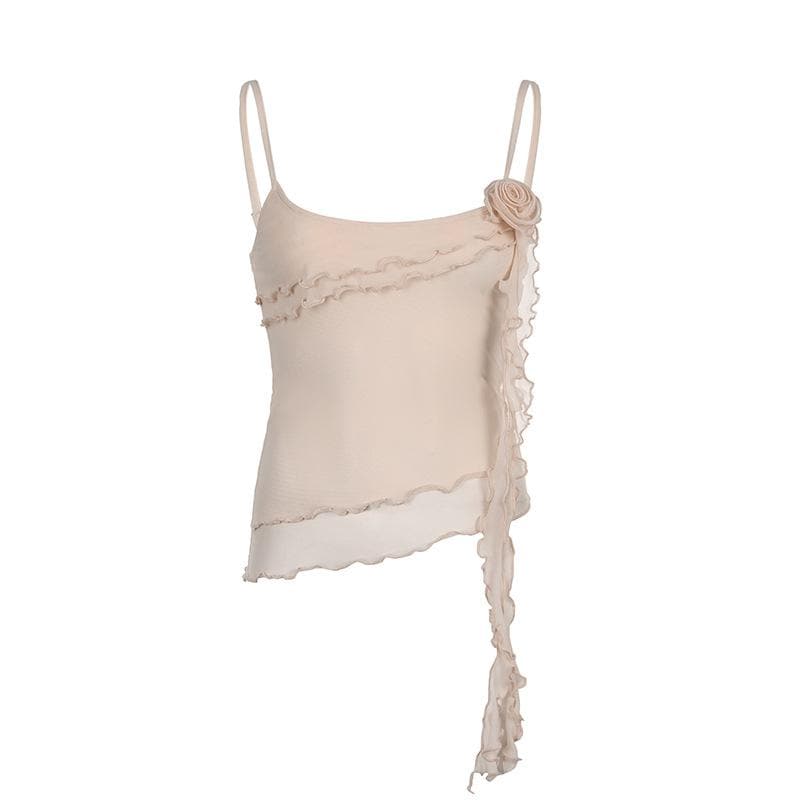 Sheer mesh flower applique ruffle u neck irregular crop top