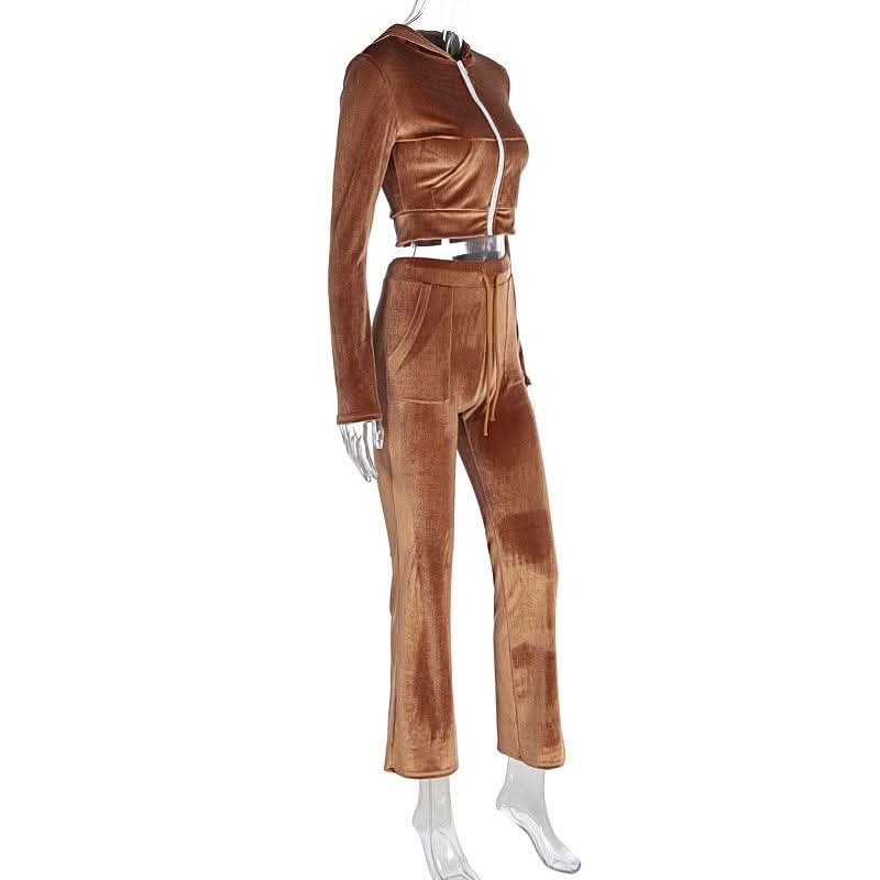 Hoodie zip-up drawstring long sleeve velvet pant set
