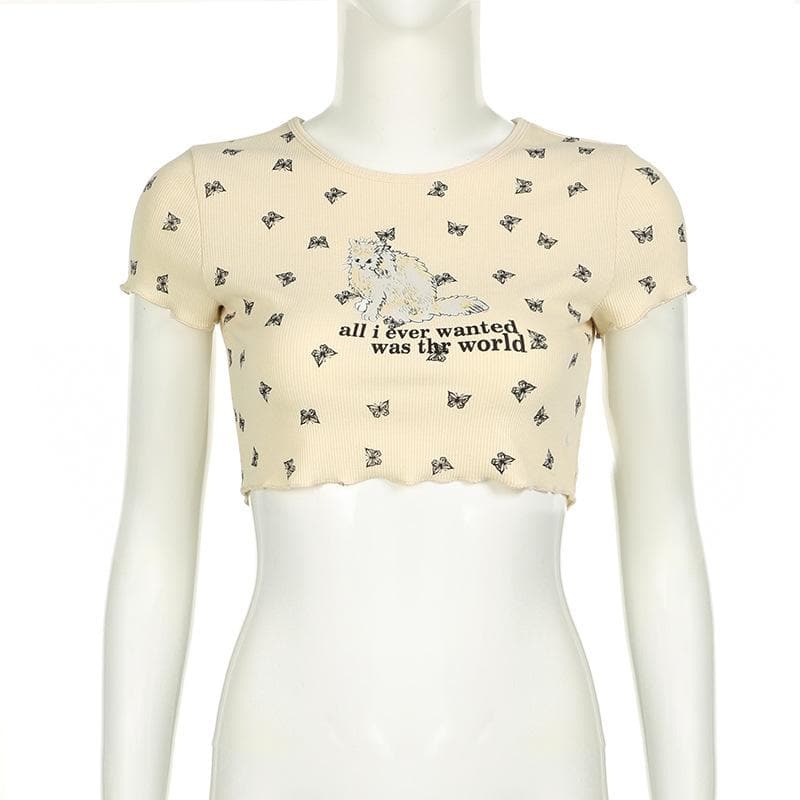 Short sleeve cat print ruffle crop top