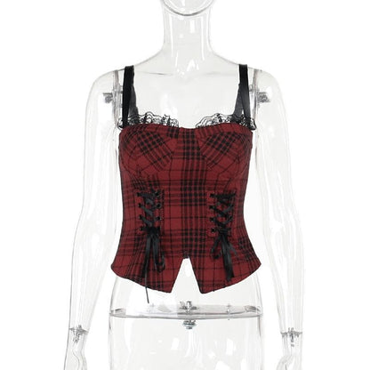 Plaid sweetheart neck lace up lace hem backless cami top