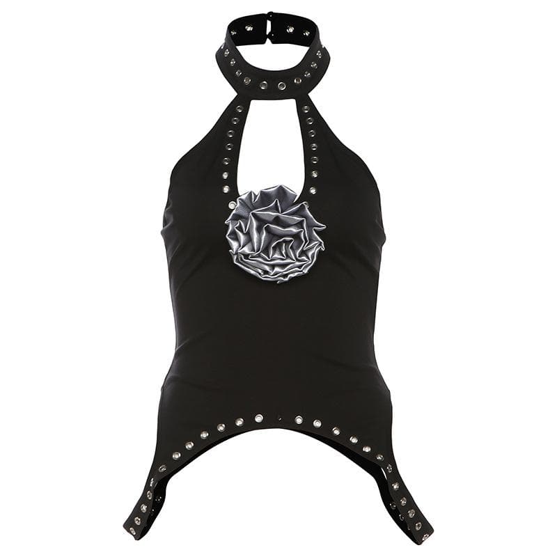 Halter flower applique solid hollow out cut out top