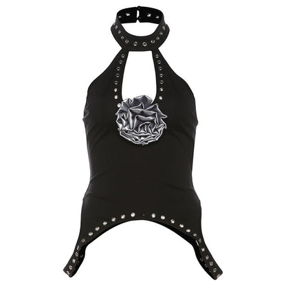 Halter flower applique solid hollow out cut out top
