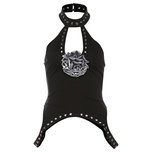 Halter flower applique solid hollow out cut out top