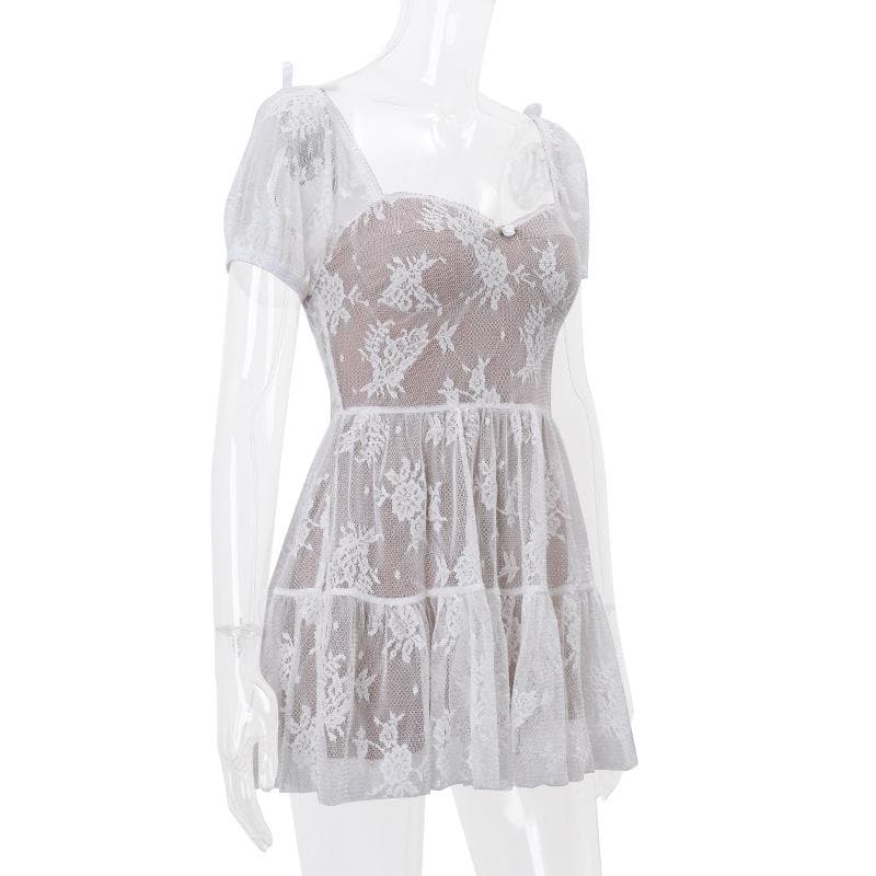Short puff sleeve bowknot lace ruffle mini dress