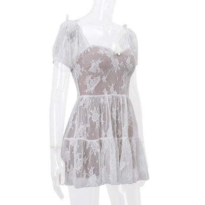 Short puff sleeve bowknot lace ruffle mini dress