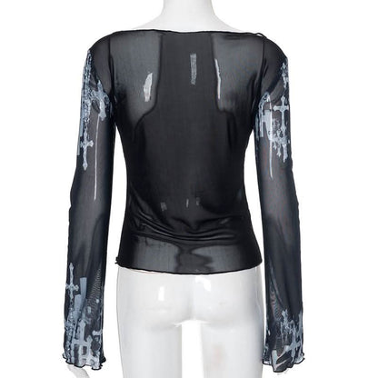 Off shoulder long sleeve mesh cross print top
