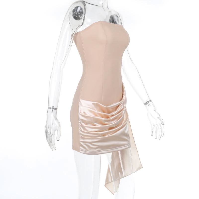 Ruched satin irregular tube mini dress