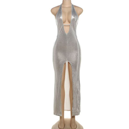 Halter deep V neck slit plaid hollow out cut out maxi dress-final-sale