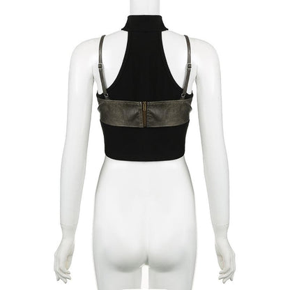 High neck off shoulder PU leather patchwork top