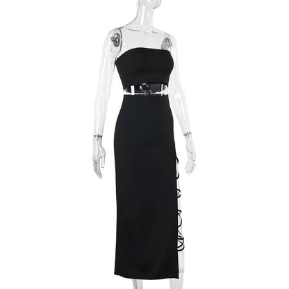 Irregular slit self tie solid tube midi skirt set