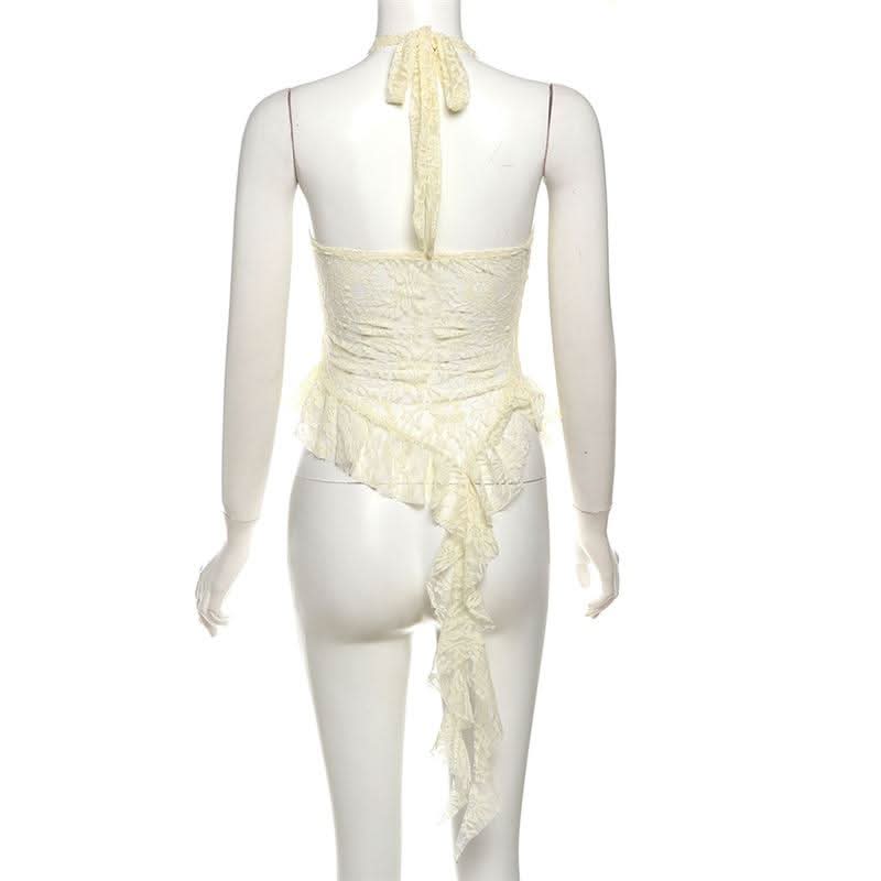 Halter mesh ruffle backless top