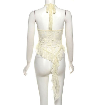 Halter mesh ruffle backless top