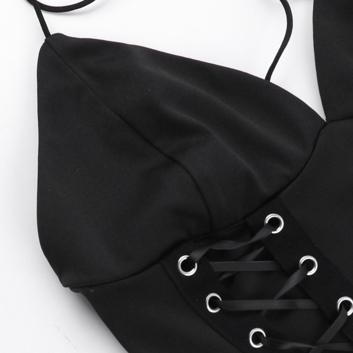 Halter self tie v neck lace up backless solid top