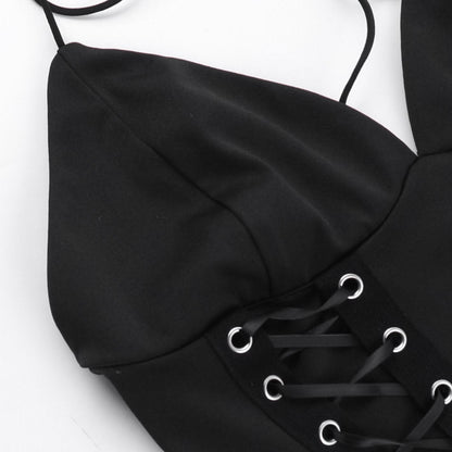 Halter self tie v neck lace up backless solid top