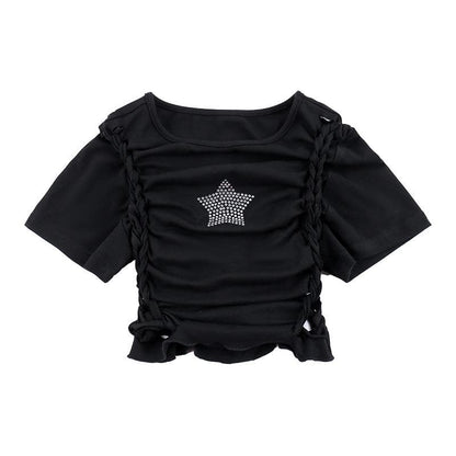 Short sleeve crewneck beaded hollow out cut out top