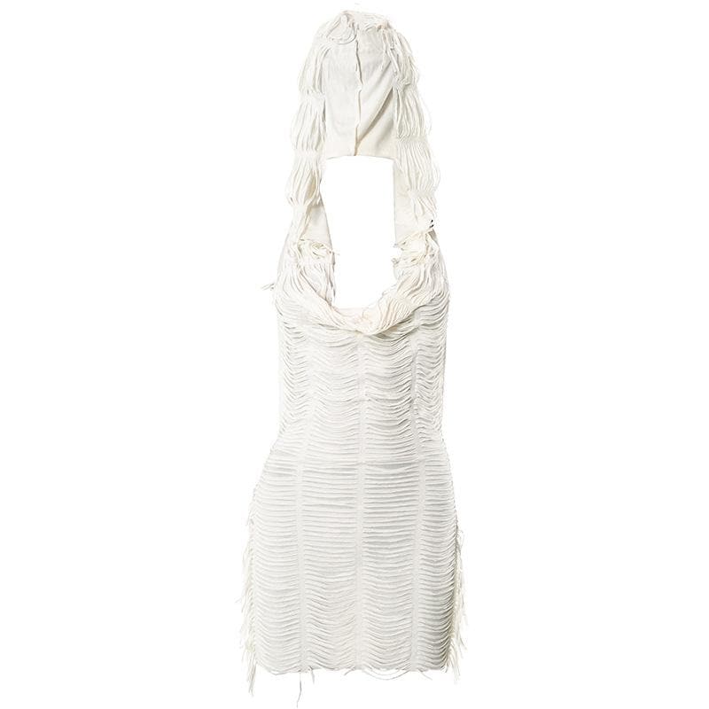 Layered Fringe Strip Cut Out Deep V Neck Sleeveless Backless Mini Dress