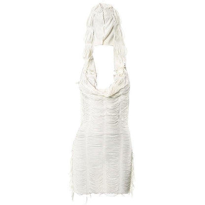 Layered Fringe Strip Cut Out Deep V Neck Sleeveless Backless Mini Dress
