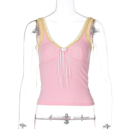 Lace hem self tie cami top
