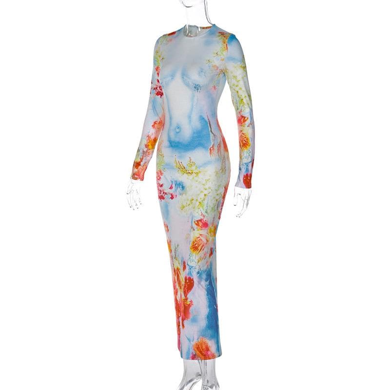 Long sleeve crewneck flower print contrast maxi dress