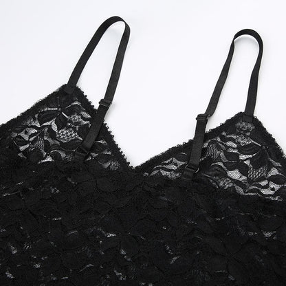Lace see through solid v neck cami top