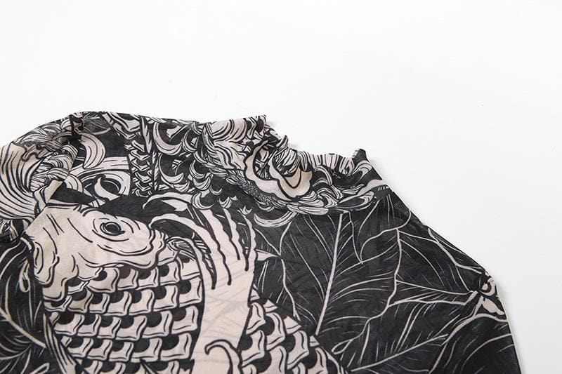 Sheer mesh see through abstract long sleeve high neck maxi dress