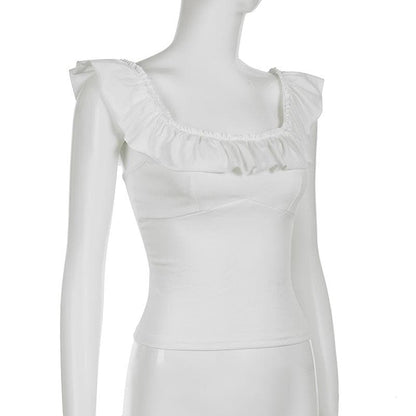 U neck ruffle solid backless cami top