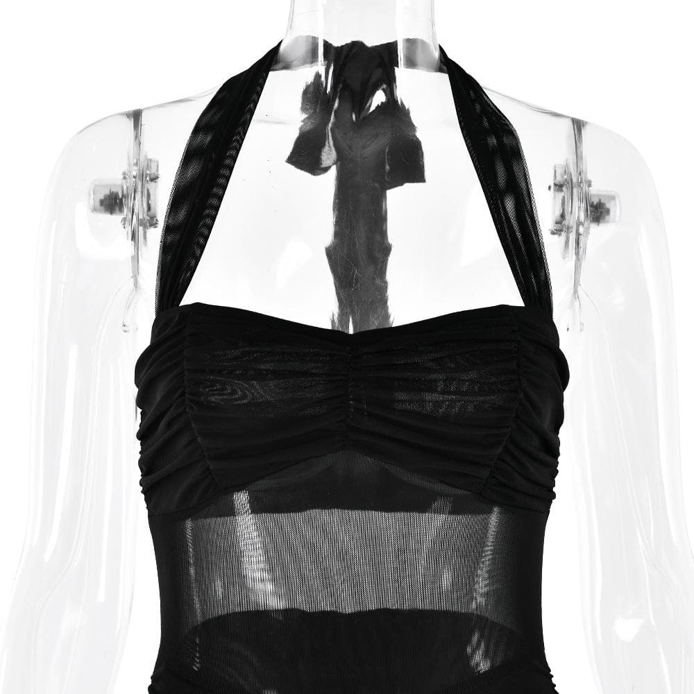 Halter patchwork mesh ruched ruffle maxi dress