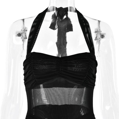 Halter patchwork mesh ruched ruffle maxi dress