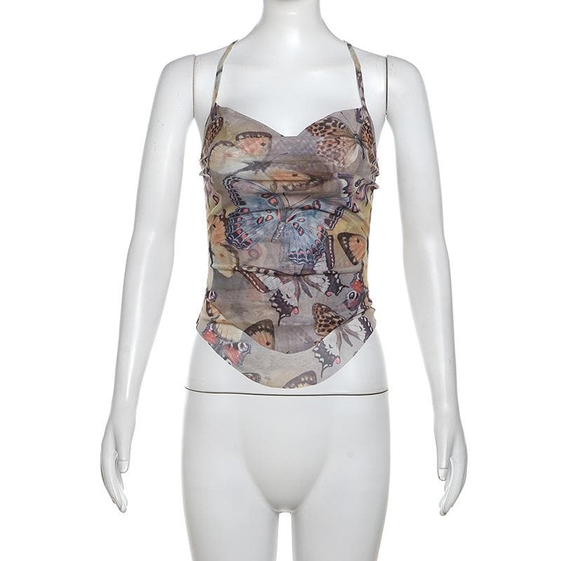 Cross back cowl neck print sheer mesh top
