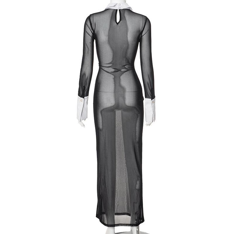 Long sleeve turnover collar mesh see through maxi dress
