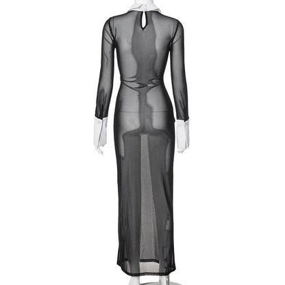 Long sleeve turnover collar mesh see through maxi dress