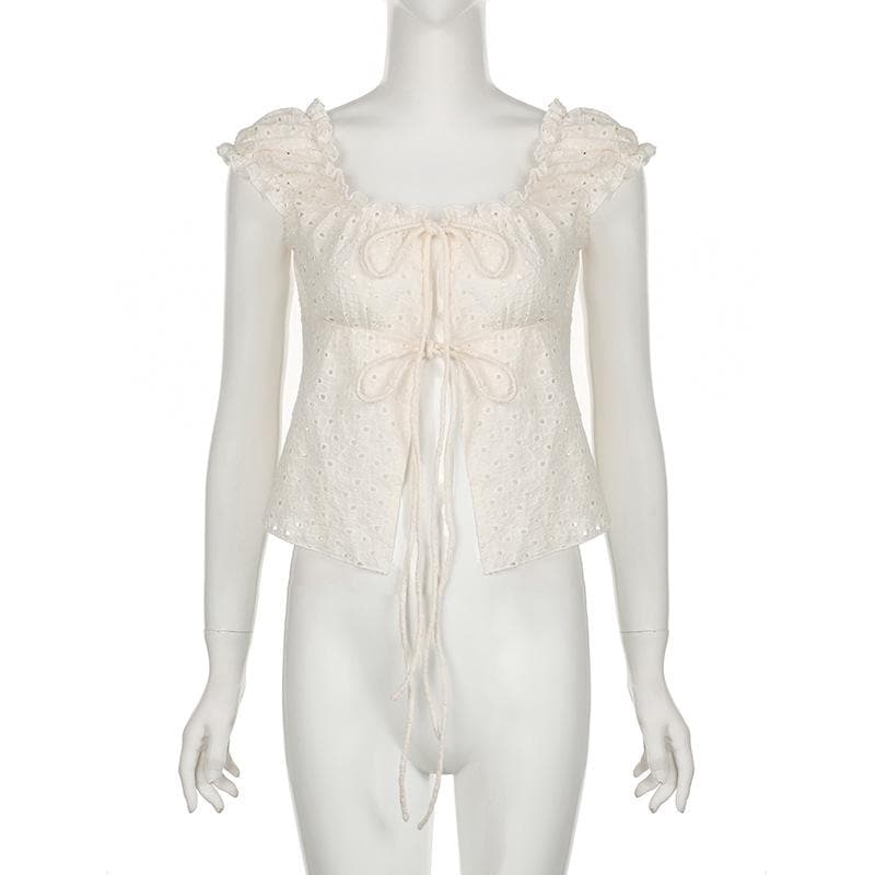 U neck puff sleeve textured ruffle top