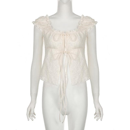 U neck puff sleeve textured ruffle top