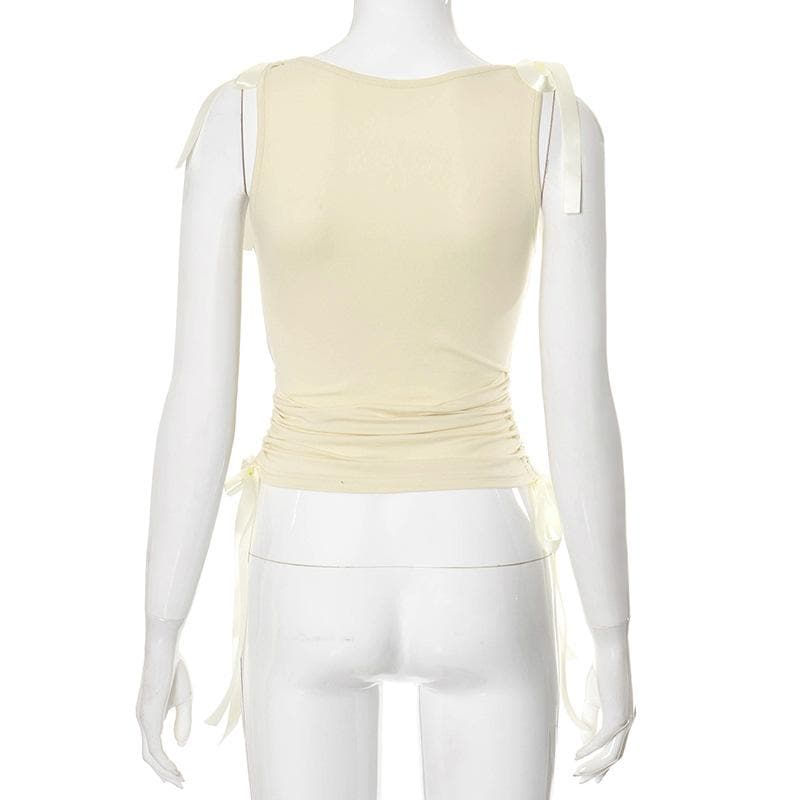 Bowknot ribbon drawstring ruched sleeveless top