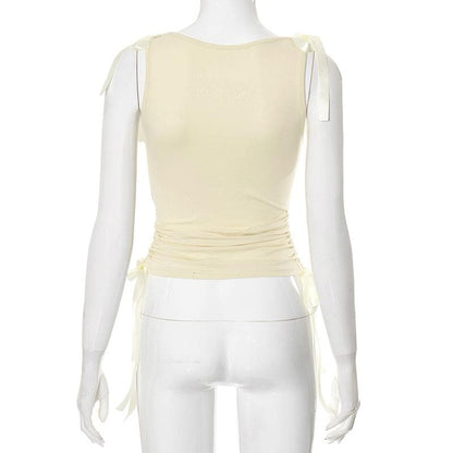 Bowknot ribbon drawstring ruched sleeveless top