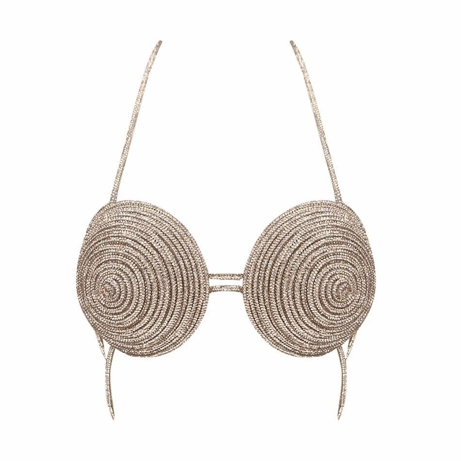 Halter beaded metal chain contrast bra top