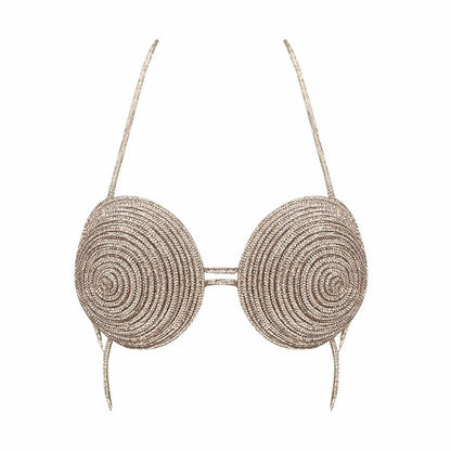 Halter beaded metal chain contrast bra top