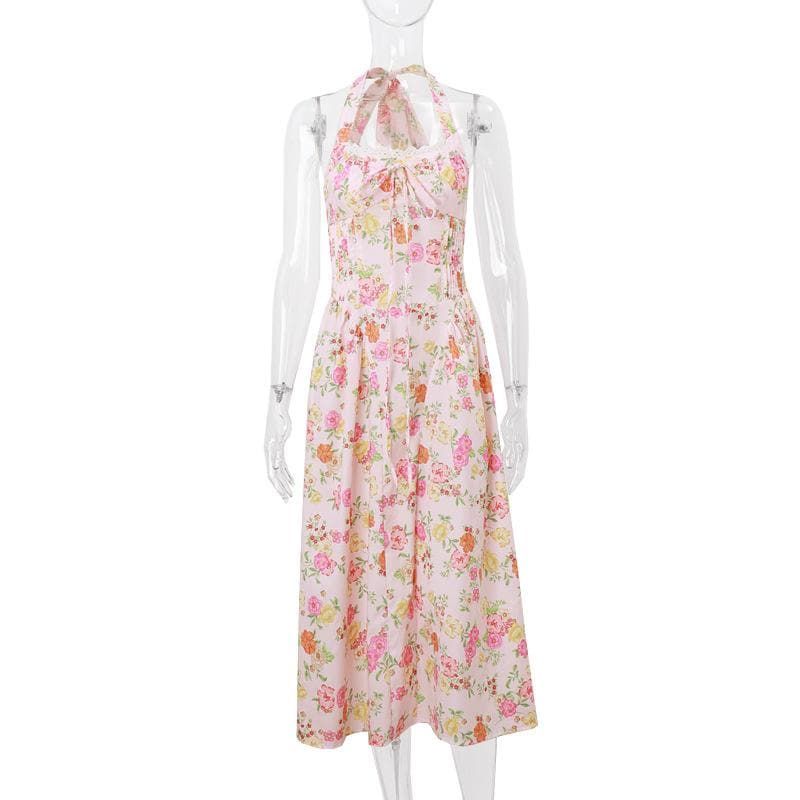 Halter print lace hem knotted maxi dress