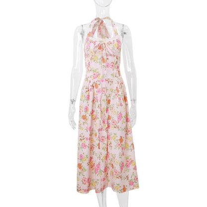 Halter print lace hem knotted maxi dress