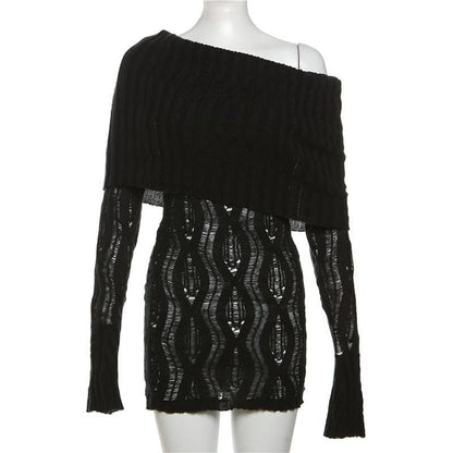 Crochet off shoulder long sleeve hollow out cut out mini dress