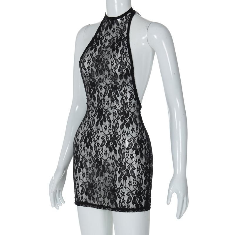 Lace see through halter backless solid mini dress