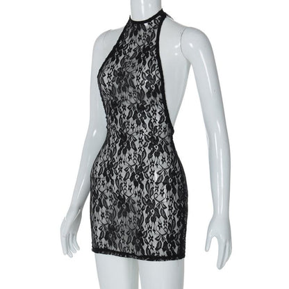 Lace see through halter backless solid mini dress