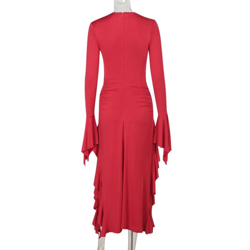 Long sleeve ruffle slit ruched zip-up maxi dress