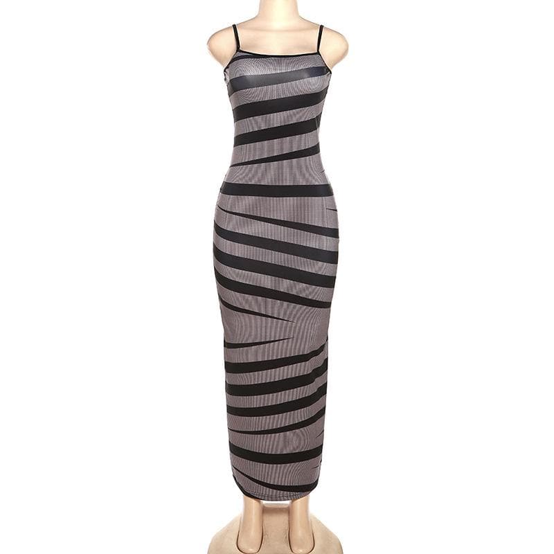 Spaghetti Strap Horizontal Stripe Ribbed Panel Bodycon Maxi Dress