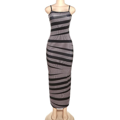 Spaghetti Strap Horizontal Stripe Ribbed Panel Bodycon Maxi Dress