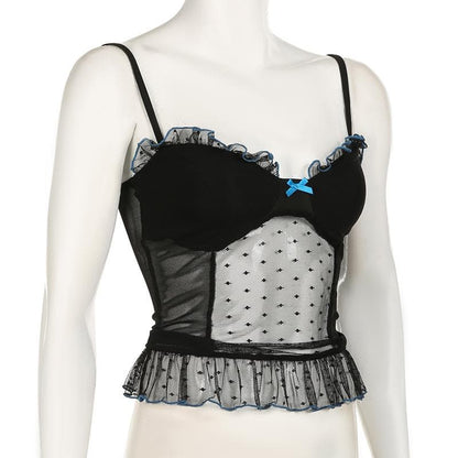 V neck polka dot bowknot mesh ruffle cami top