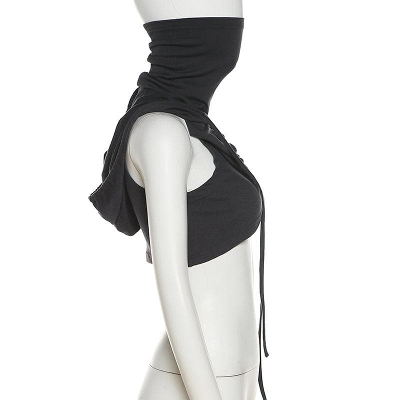 Sleeveless hoodie drawstring cross front ruched top
